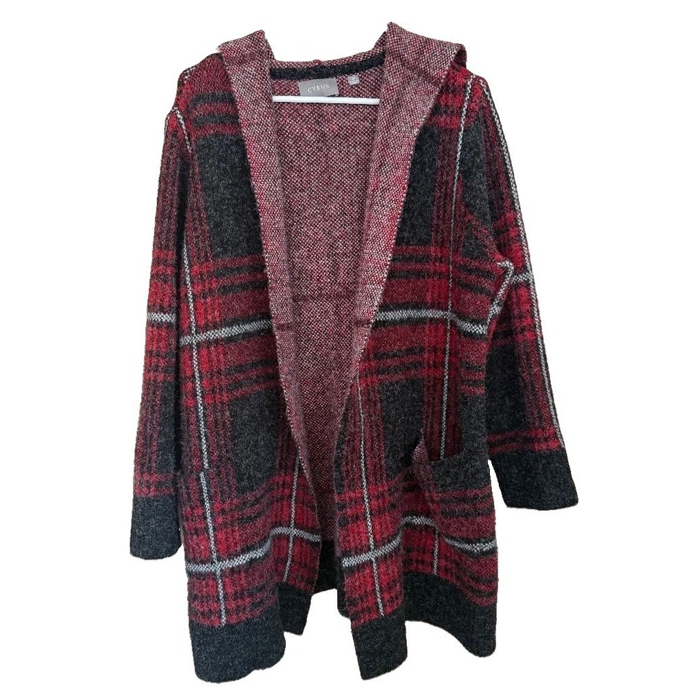 CYRUS Hooded Open Front Cardigan 2X LS Red Black Tartan Plaid Pockets Layering